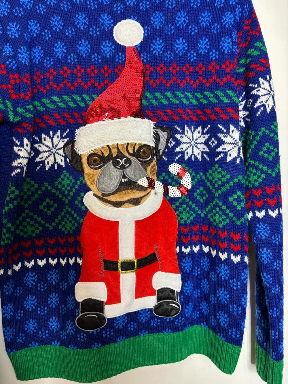Men's Blue Pug Santa Crewneck Sweater - Holiday Knit Pullover